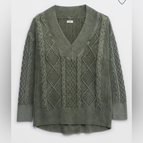 AERIE Pullover V-Neck Cable Knit Sweater - Picture 2 of 10